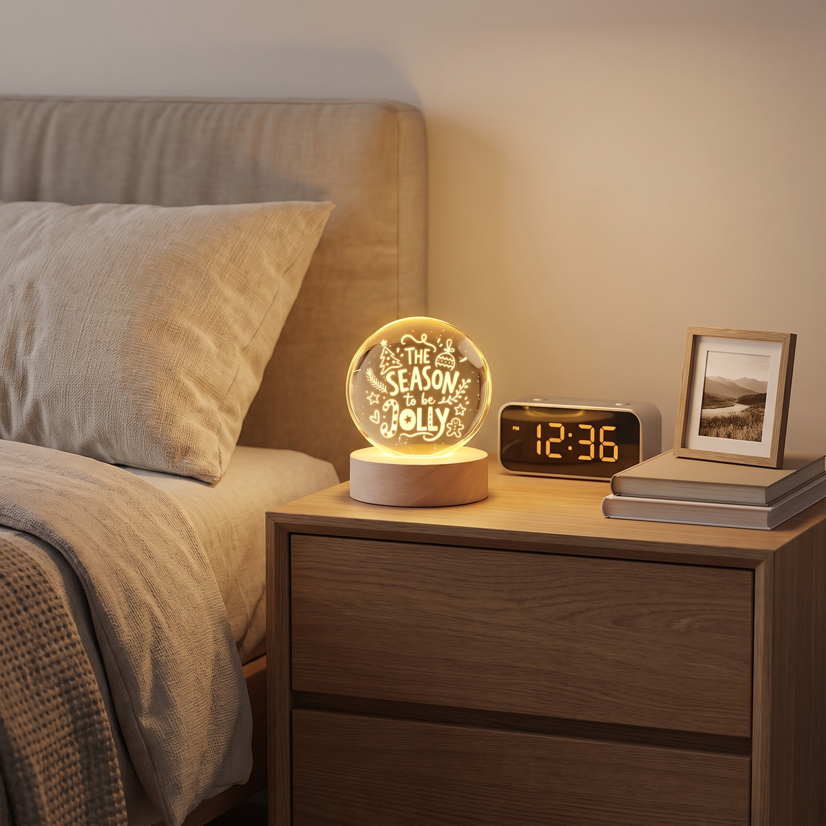 Custom Season To Be Jolly Typography 3D Laser Engraved Crystal Ball with LED Wooden Standee, Personalized Name Holiday Night Light Keepsake
