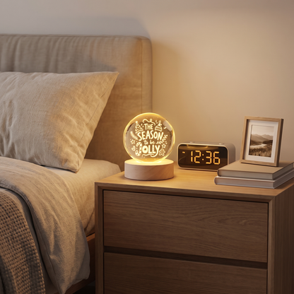 Custom Season To Be Jolly Typography 3D Laser Engraved Crystal Ball with LED Wooden Standee, Personalized Name Holiday Night Light Keepsake