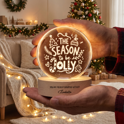 Custom Season To Be Jolly Typography 3D Laser Engraved Crystal Ball with LED Wooden Standee, Personalized Name Holiday Night Light Keepsake