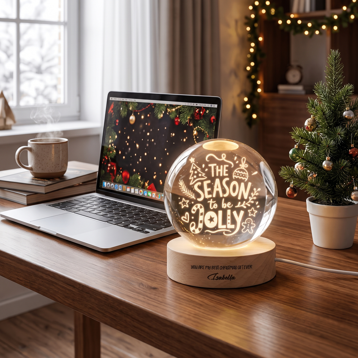 Custom Season To Be Jolly Typography 3D Laser Engraved Crystal Ball with LED Wooden Standee, Personalized Name Holiday Night Light Keepsake