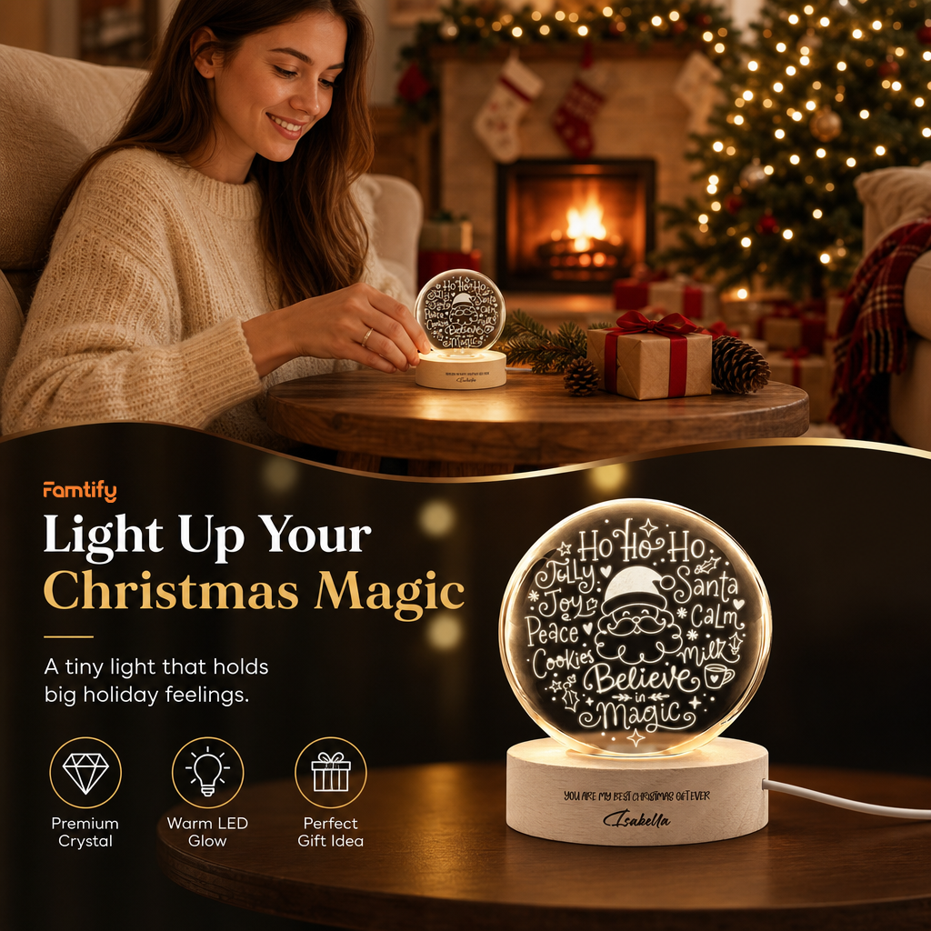 Custom Santa Face Believe In Magic Words 3D Laser Engraved Crystal Ball with LED Wooden Standee, Personalized Name Holiday Night Light Keepsake