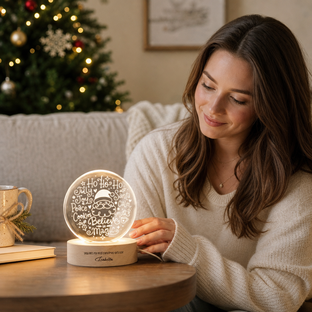 Custom Santa Face Believe In Magic Words 3D Laser Engraved Crystal Ball with LED Wooden Standee, Personalized Name Holiday Night Light Keepsake