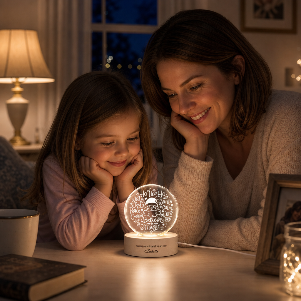 Custom Santa Face Believe In Magic Words 3D Laser Engraved Crystal Ball with LED Wooden Standee, Personalized Name Holiday Night Light Keepsake