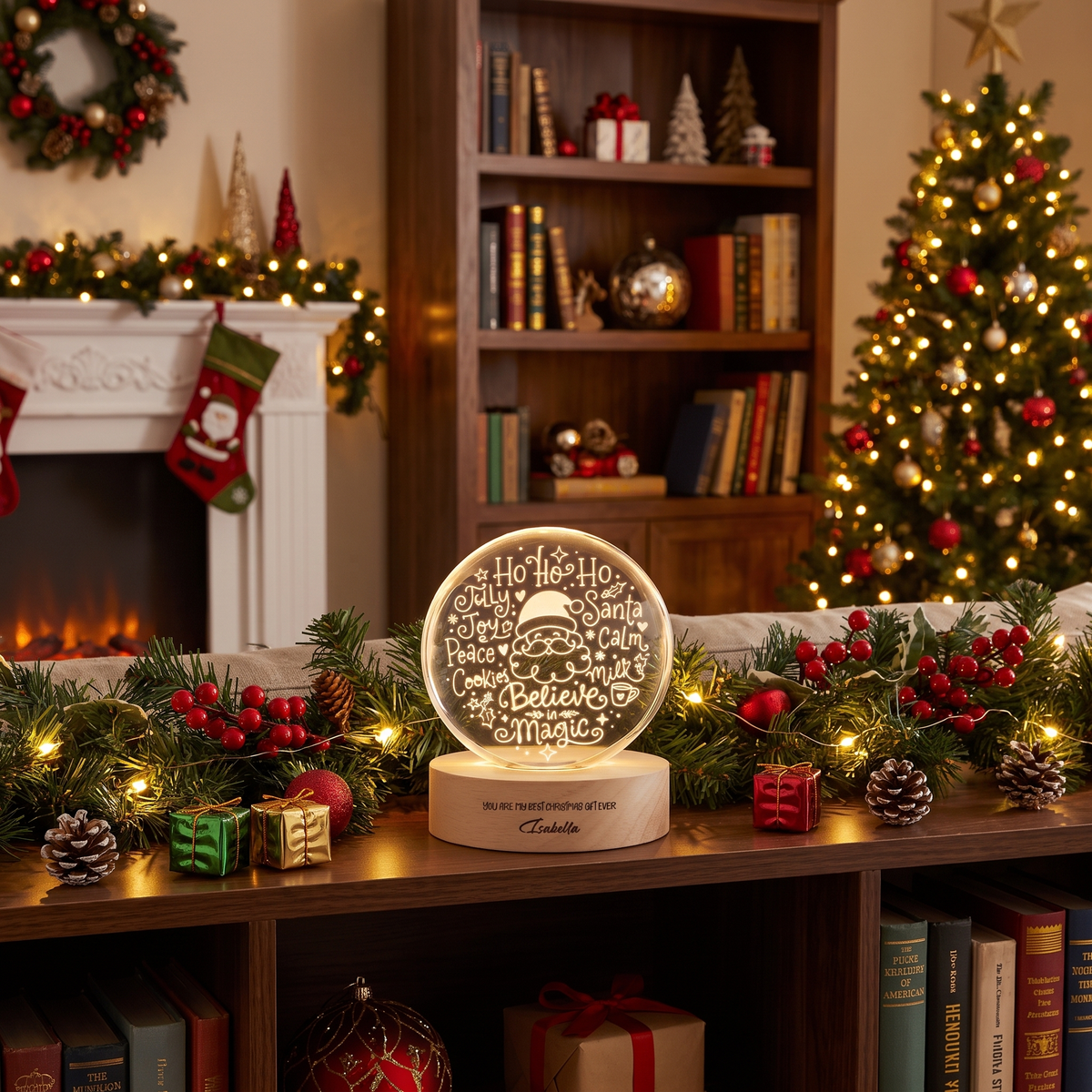 Custom Santa Face Believe In Magic Words 3D Laser Engraved Crystal Ball with LED Wooden Standee, Personalized Name Holiday Night Light Keepsake