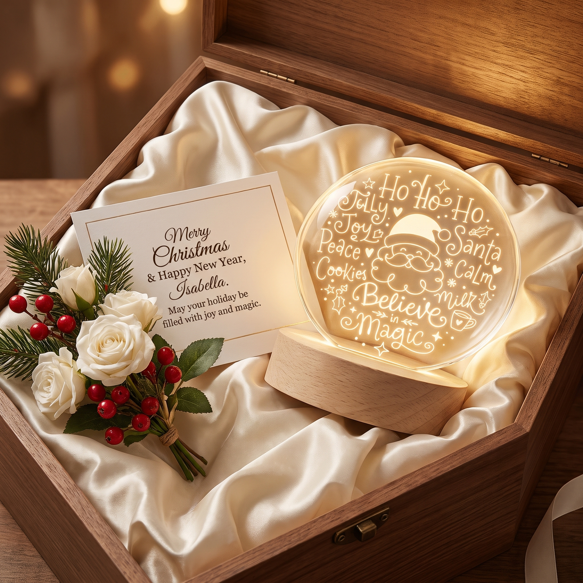 Custom Santa Face Believe In Magic Words 3D Laser Engraved Crystal Ball with LED Wooden Standee, Personalized Name Holiday Night Light Keepsake