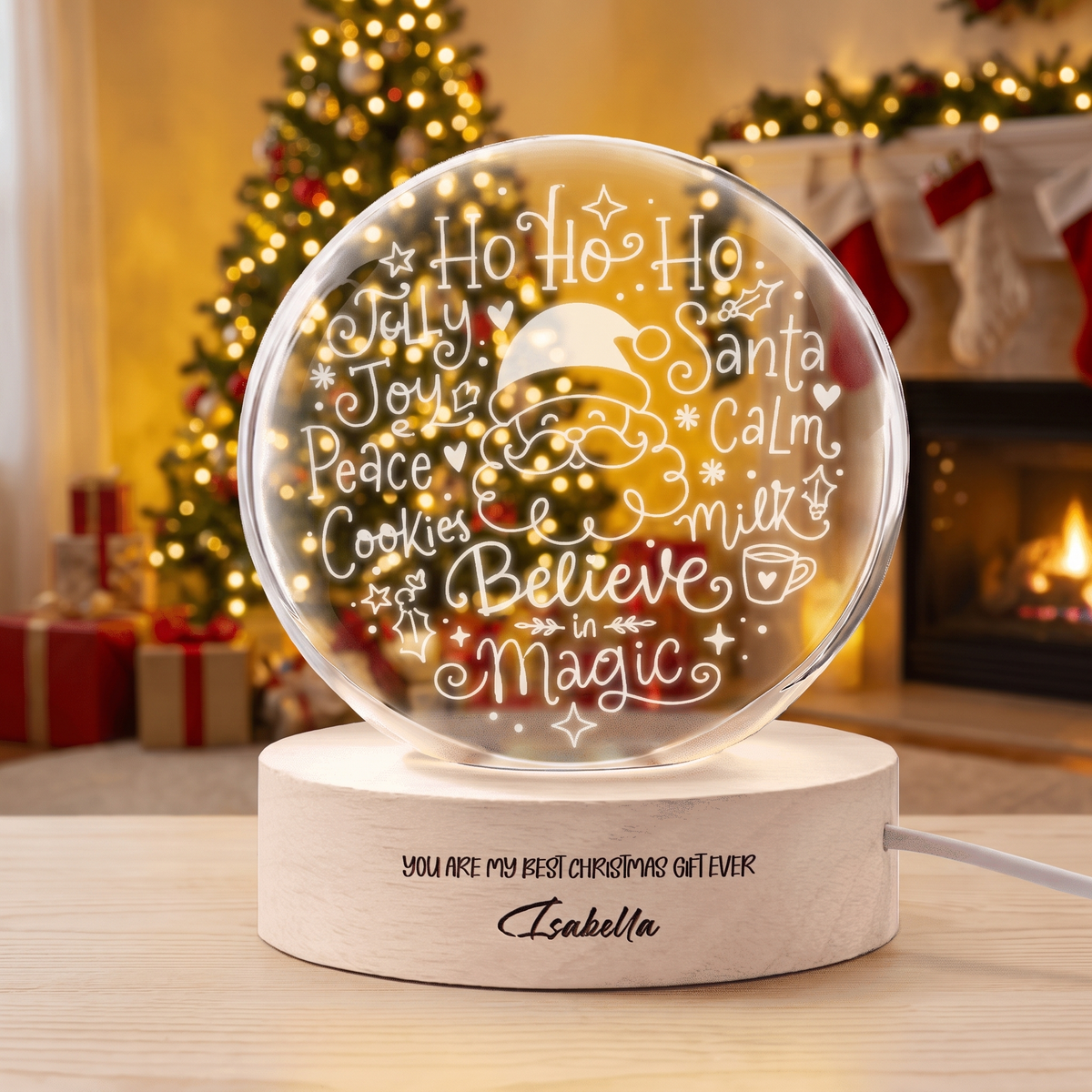 Custom Santa Face Believe In Magic Words 3D Laser Engraved Crystal Ball with LED Wooden Standee, Personalized Name Holiday Night Light Keepsake