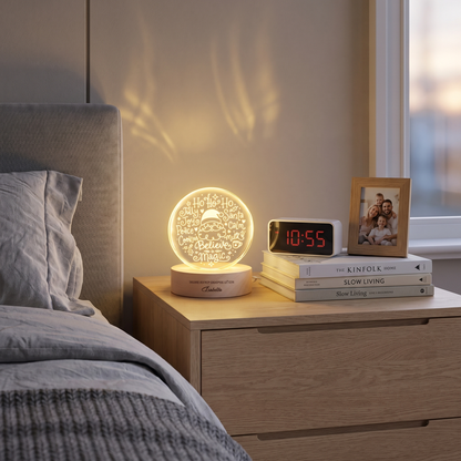 Custom Santa Face Believe In Magic Words 3D Laser Engraved Crystal Ball with LED Wooden Standee, Personalized Name Holiday Night Light Keepsake