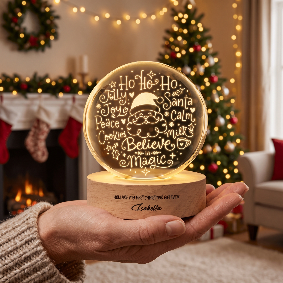 Custom Santa Face Believe In Magic Words 3D Laser Engraved Crystal Ball with LED Wooden Standee, Personalized Name Holiday Night Light Keepsake