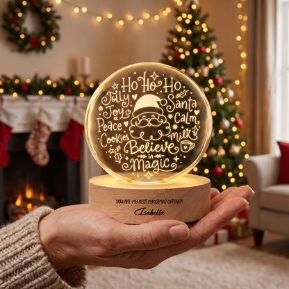 Custom Santa Face Believe In Magic Words 3D Laser Engraved Crystal Ball with LED Wooden Standee, Personalized Name Holiday Night Light Keepsake