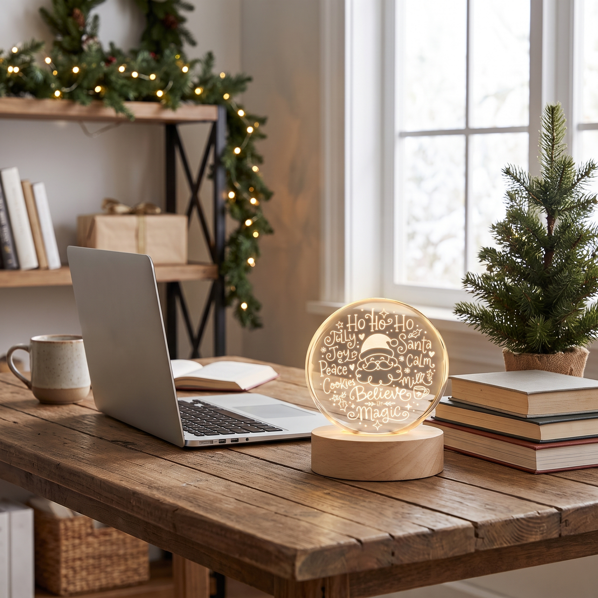 Custom Santa Face Believe In Magic Words 3D Laser Engraved Crystal Ball with LED Wooden Standee, Personalized Name Holiday Night Light Keepsake