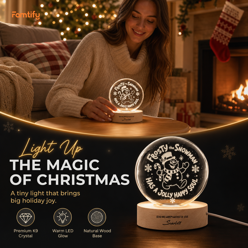 Custom Frosty The Snowman Jolly Happy Soul 3D Laser Engraved Crystal Ball with LED Wooden Standee, Personalized Name Holiday Night Light Keepsake
