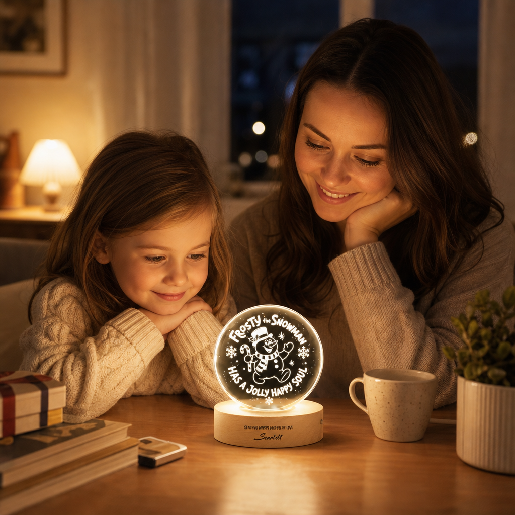 Custom Frosty The Snowman Jolly Happy Soul 3D Laser Engraved Crystal Ball with LED Wooden Standee, Personalized Name Holiday Night Light Keepsake
