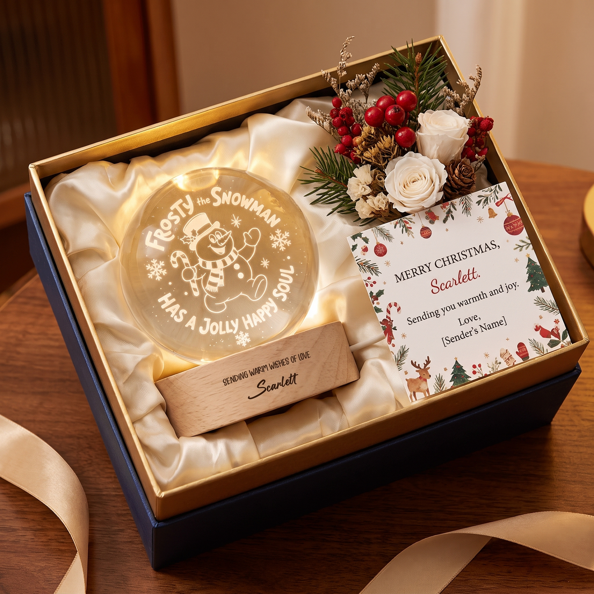 Custom Frosty The Snowman Jolly Happy Soul 3D Laser Engraved Crystal Ball with LED Wooden Standee, Personalized Name Holiday Night Light Keepsake