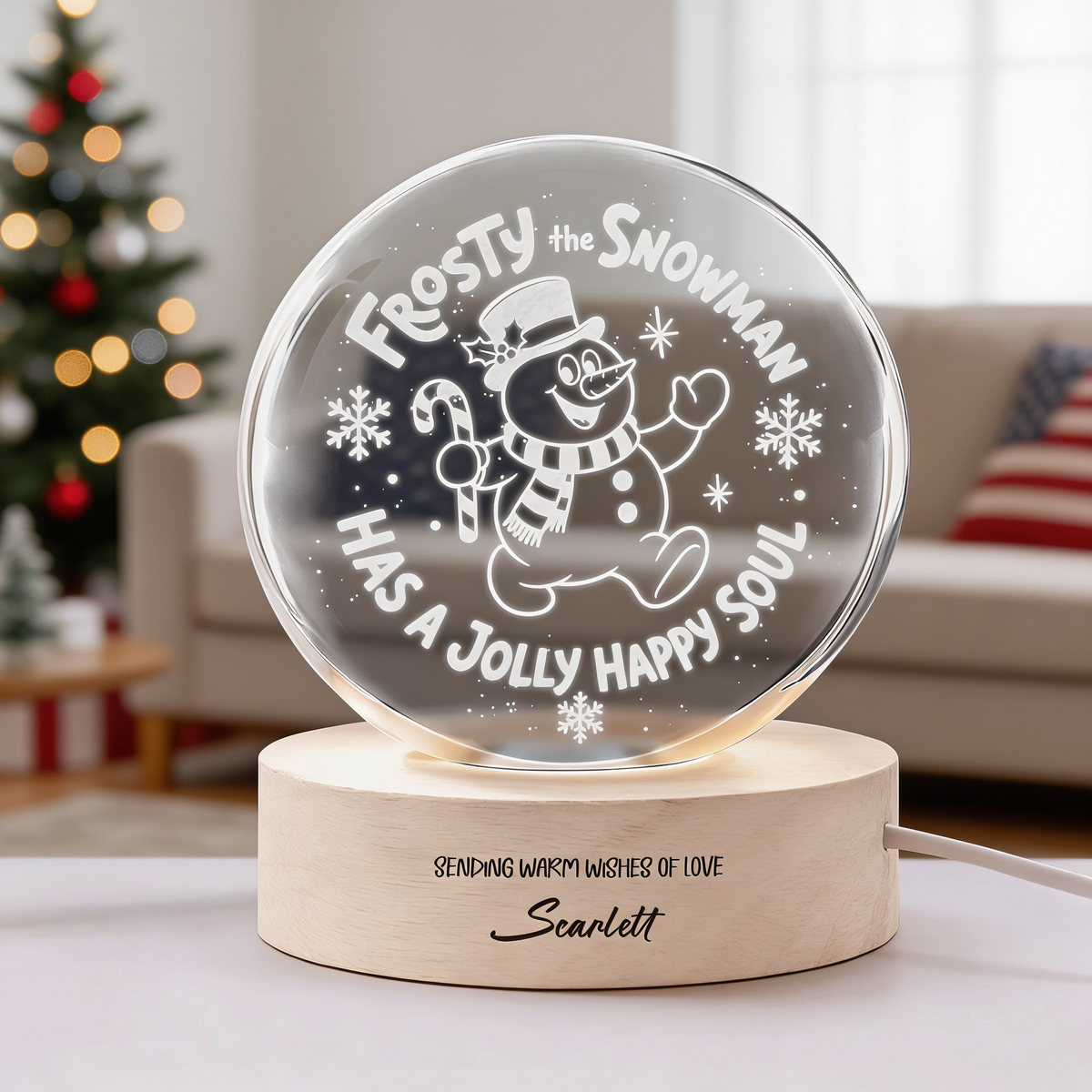 Custom Frosty The Snowman Jolly Happy Soul 3D Laser Engraved Crystal Ball with LED Wooden Standee, Personalized Name Holiday Night Light Keepsake