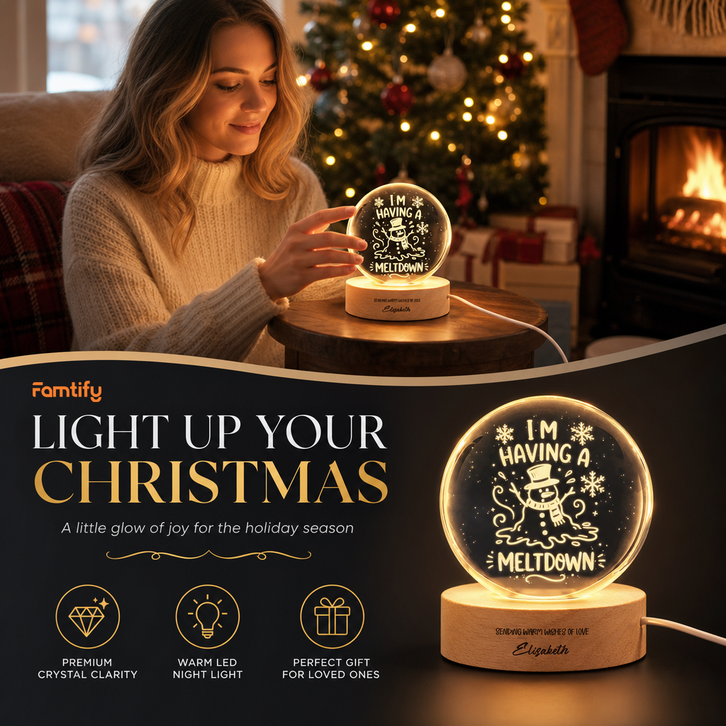Custom Melting Snowman Im Having A Meltdown 3D Laser Engraved Crystal Ball with LED Wooden Standee, Personalized Name Holiday Night Light Keepsake