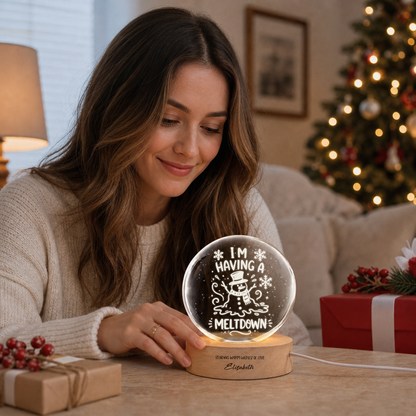 Custom Melting Snowman Im Having A Meltdown 3D Laser Engraved Crystal Ball with LED Wooden Standee, Personalized Name Holiday Night Light Keepsake