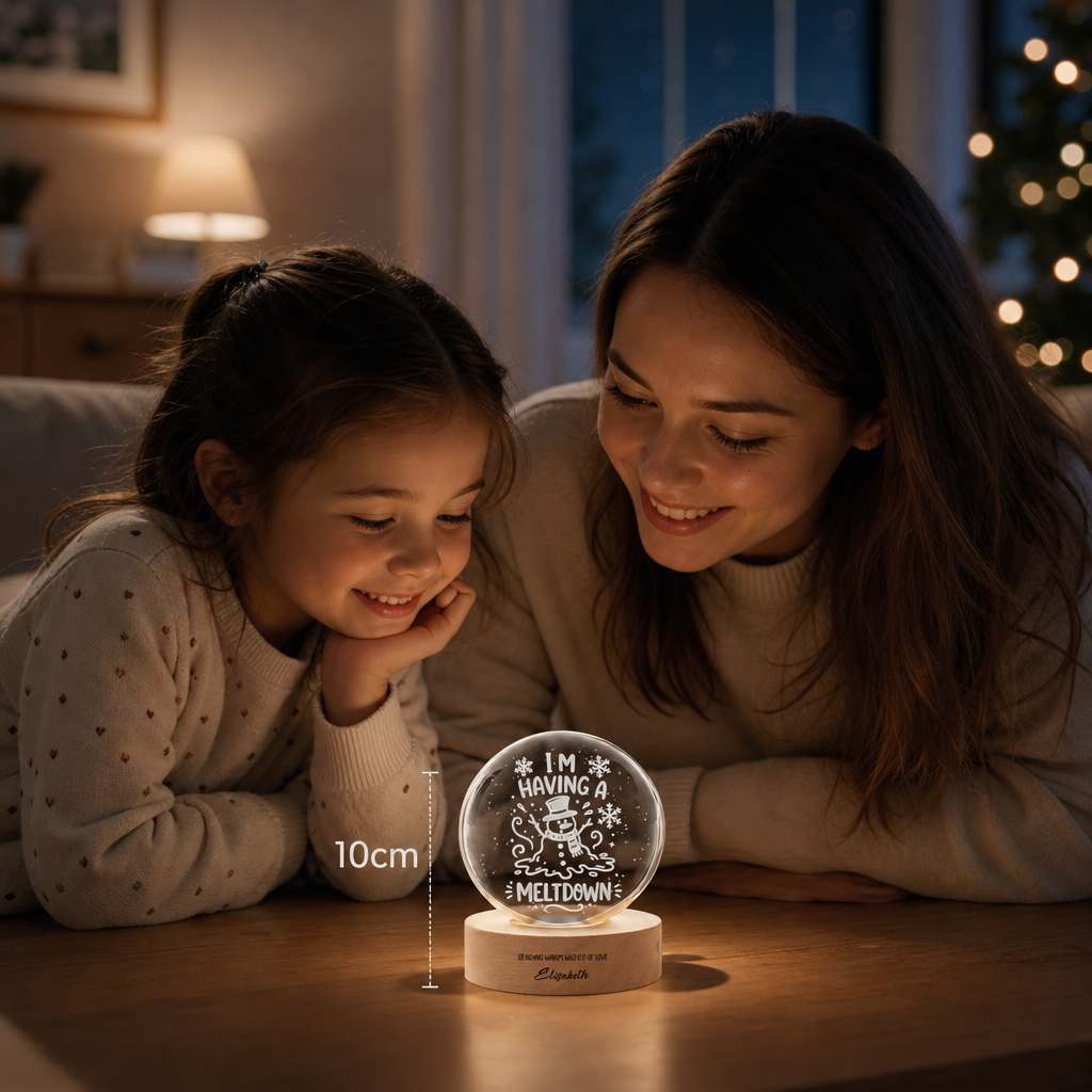 Custom Melting Snowman Im Having A Meltdown 3D Laser Engraved Crystal Ball with LED Wooden Standee, Personalized Name Holiday Night Light Keepsake