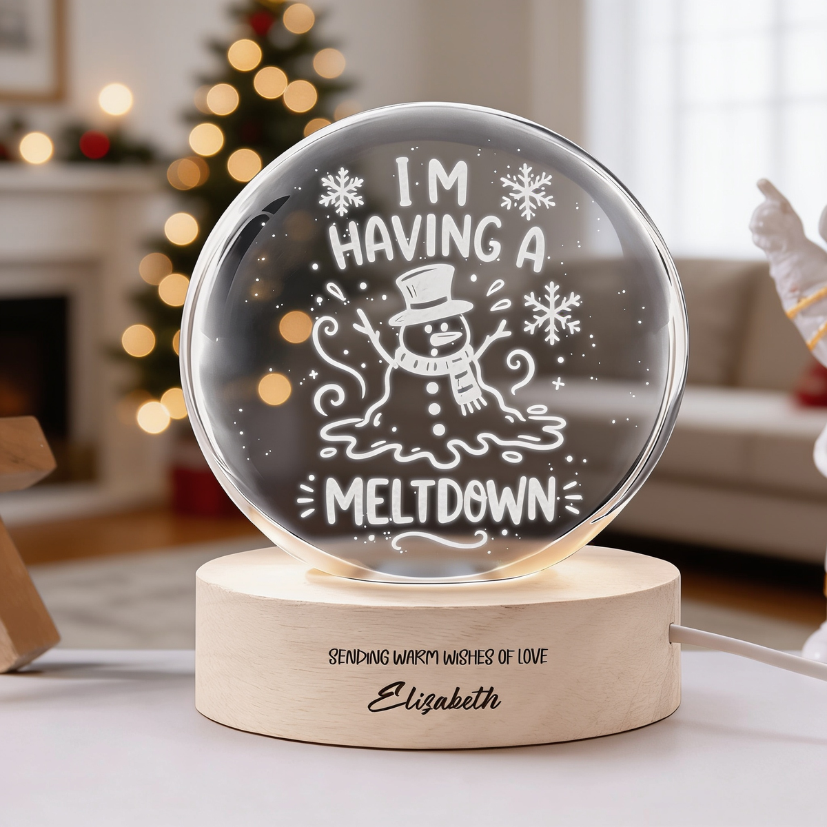 Custom Melting Snowman Im Having A Meltdown 3D Laser Engraved Crystal Ball with LED Wooden Standee, Personalized Name Holiday Night Light Keepsake