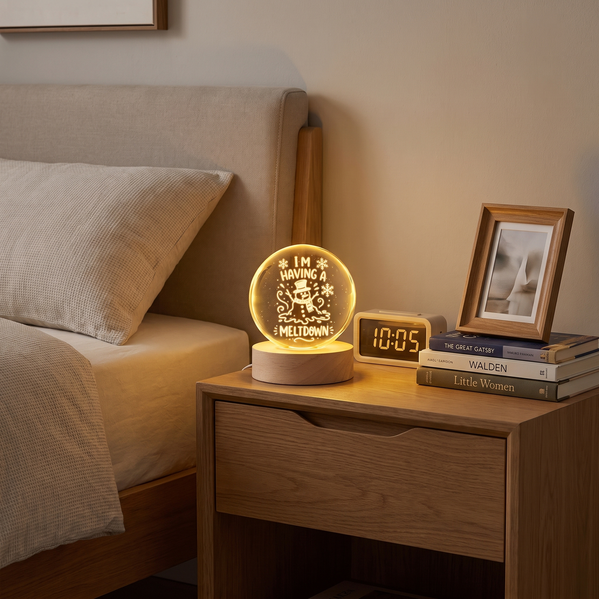 Custom Melting Snowman Im Having A Meltdown 3D Laser Engraved Crystal Ball with LED Wooden Standee, Personalized Name Holiday Night Light Keepsake