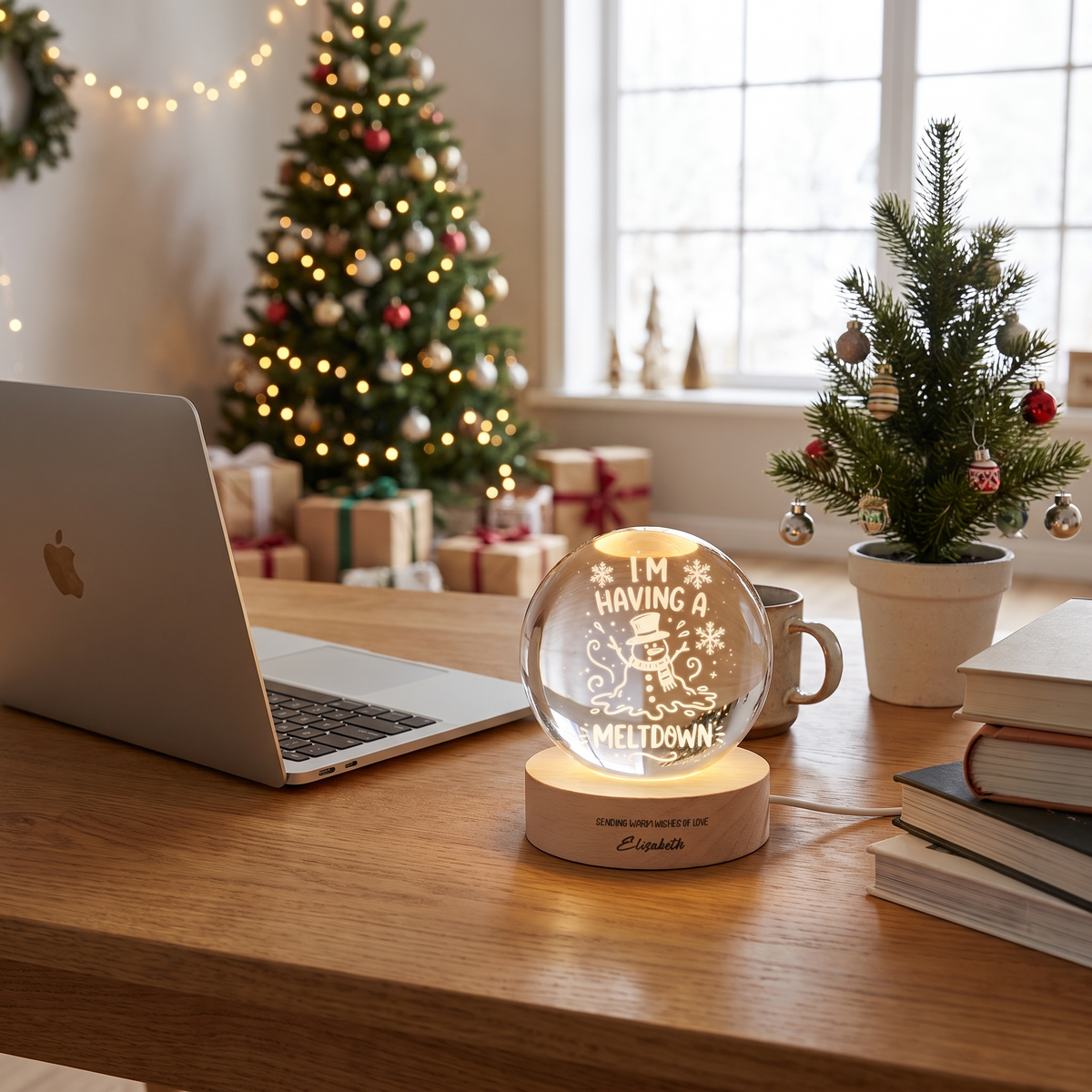 Custom Melting Snowman Im Having A Meltdown 3D Laser Engraved Crystal Ball with LED Wooden Standee, Personalized Name Holiday Night Light Keepsake