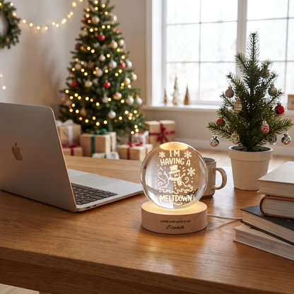 Custom Melting Snowman Im Having A Meltdown 3D Laser Engraved Crystal Ball with LED Wooden Standee, Personalized Name Holiday Night Light Keepsake