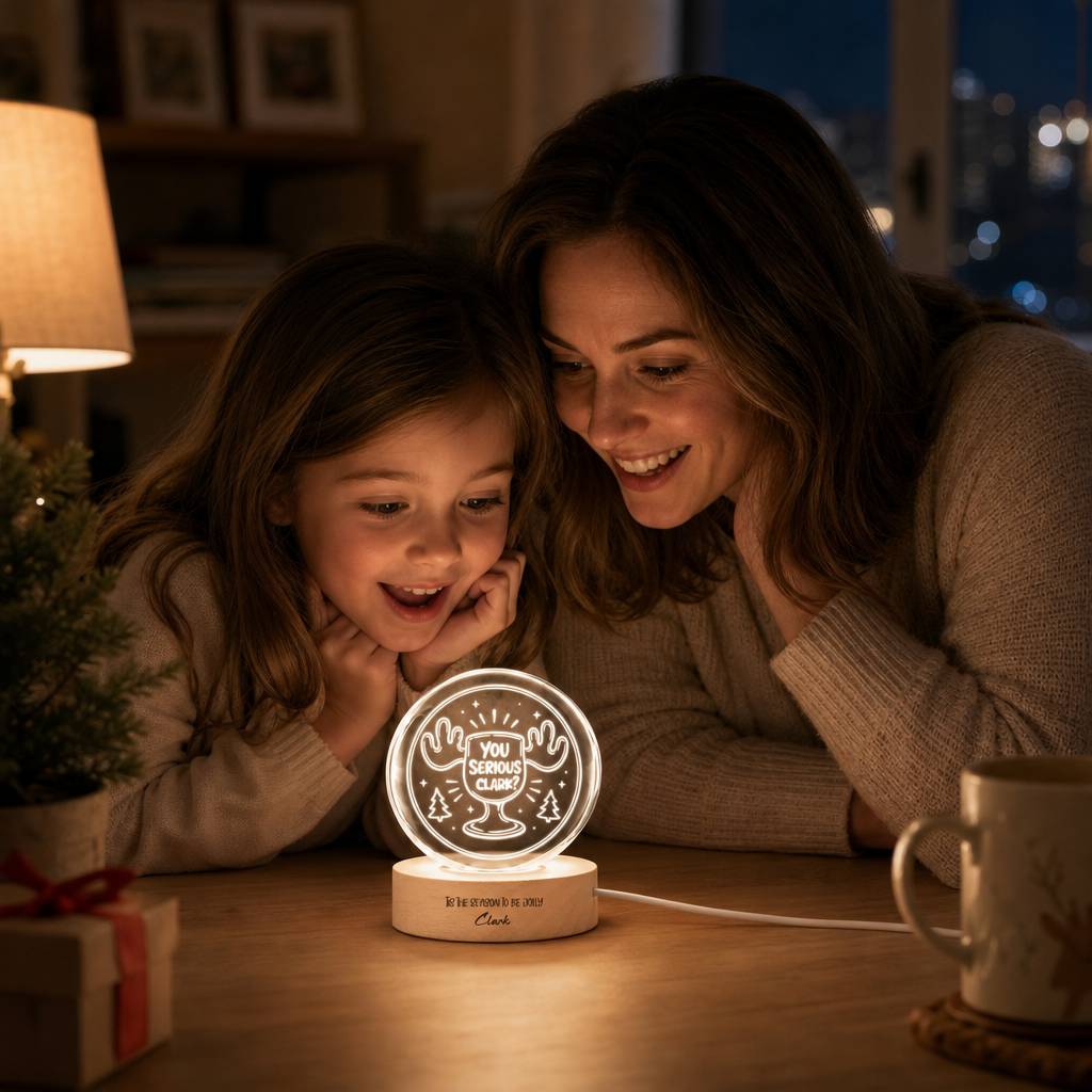 Custom You Serious Clark Eggnog Mug 3D Laser Engraved Crystal Ball with LED Wooden Standee, Personalized Name Holiday Night Light Keepsake