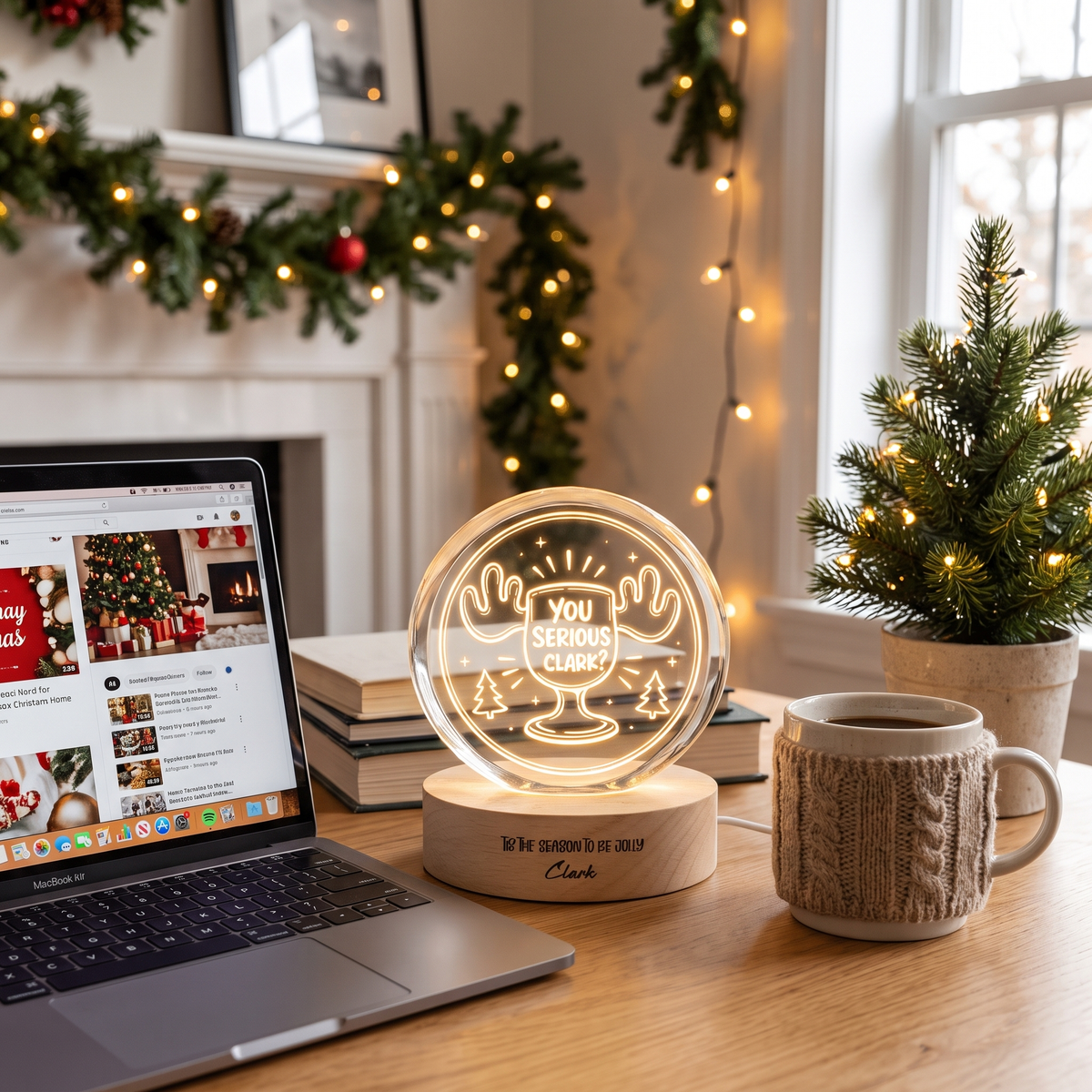 Custom You Serious Clark Eggnog Mug 3D Laser Engraved Crystal Ball with LED Wooden Standee, Personalized Name Holiday Night Light Keepsake