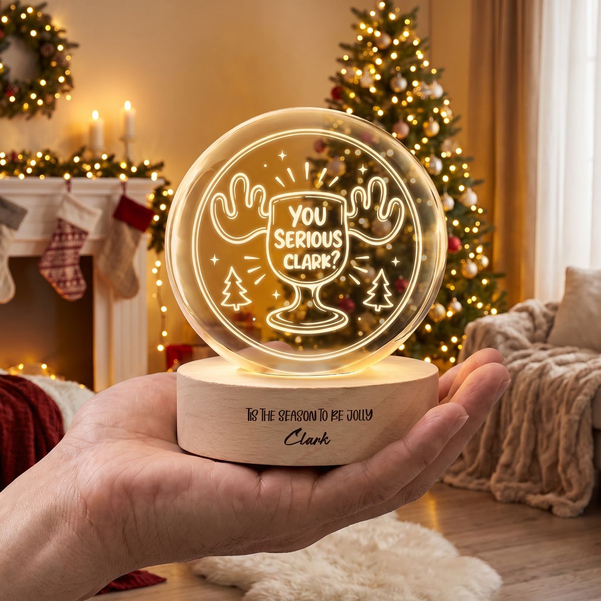 Custom You Serious Clark Eggnog Mug 3D Laser Engraved Crystal Ball with LED Wooden Standee, Personalized Name Holiday Night Light Keepsake