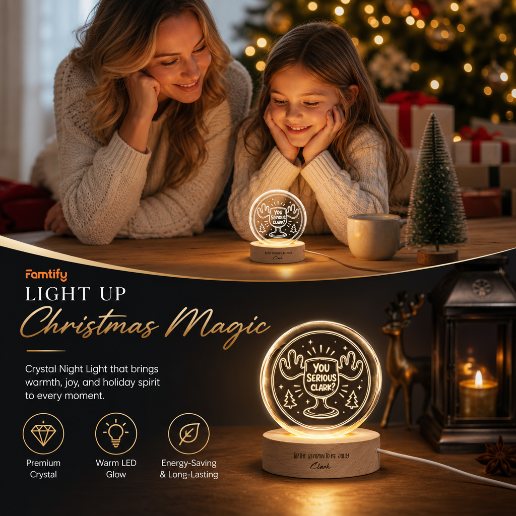 Custom You Serious Clark Eggnog Mug 3D Laser Engraved Crystal Ball with LED Wooden Standee, Personalized Name Holiday Night Light Keepsake