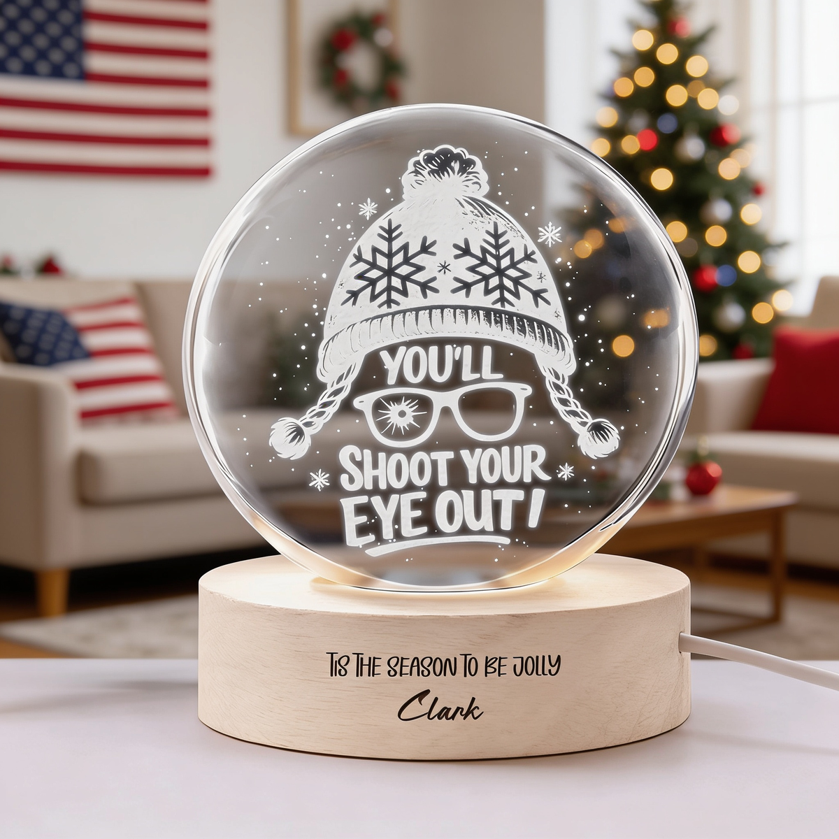 Custom You'll Shoot Your Eye Out Winter Beanie Glasses 3D Laser Engraved Crystal Ball with LED Wooden Standee, Personalized Name Holiday Night Light Keepsake