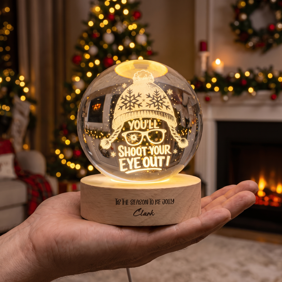 Custom You'll Shoot Your Eye Out Winter Beanie Glasses 3D Laser Engraved Crystal Ball with LED Wooden Standee, Personalized Name Holiday Night Light Keepsake
