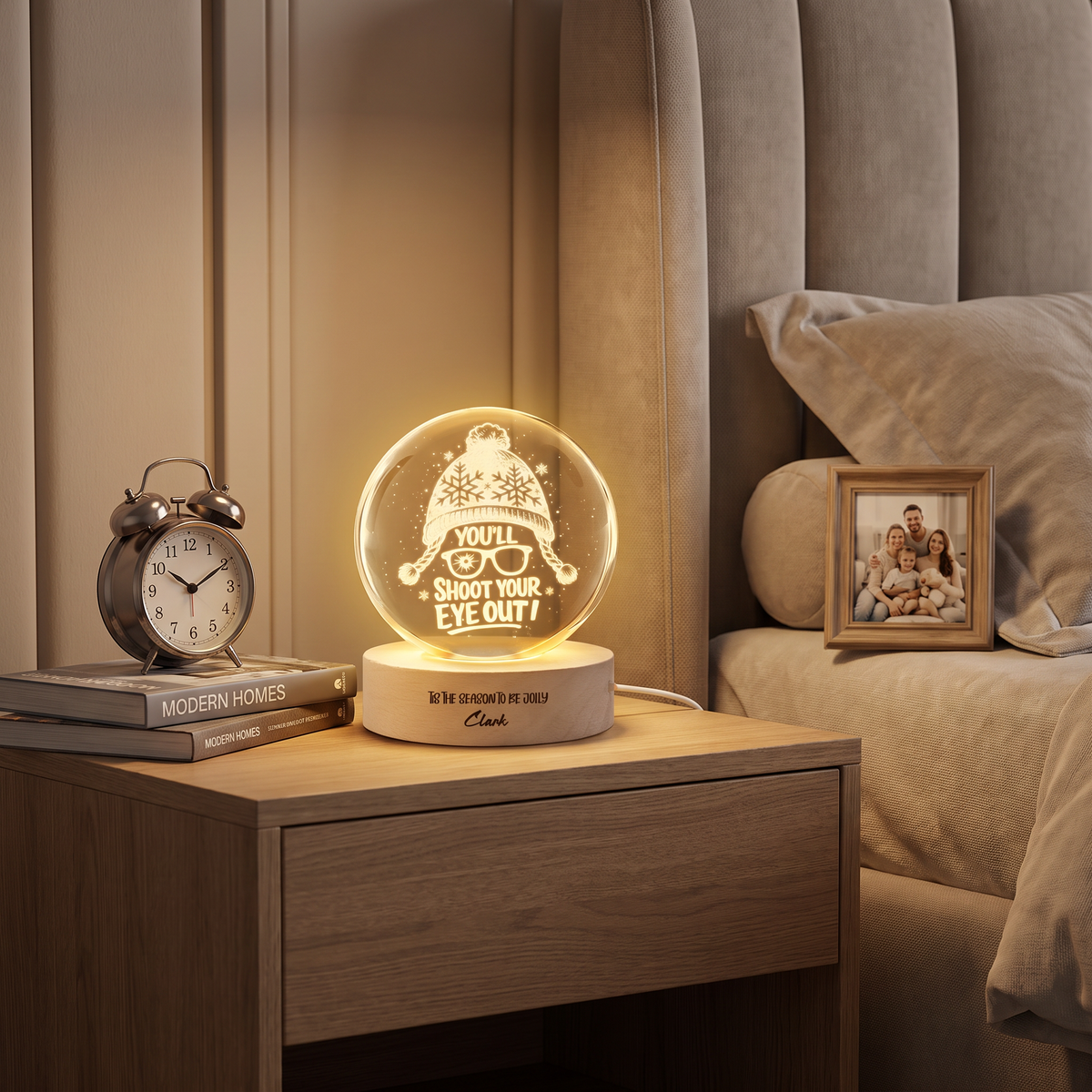 Custom You'll Shoot Your Eye Out Winter Beanie Glasses 3D Laser Engraved Crystal Ball with LED Wooden Standee, Personalized Name Holiday Night Light Keepsake