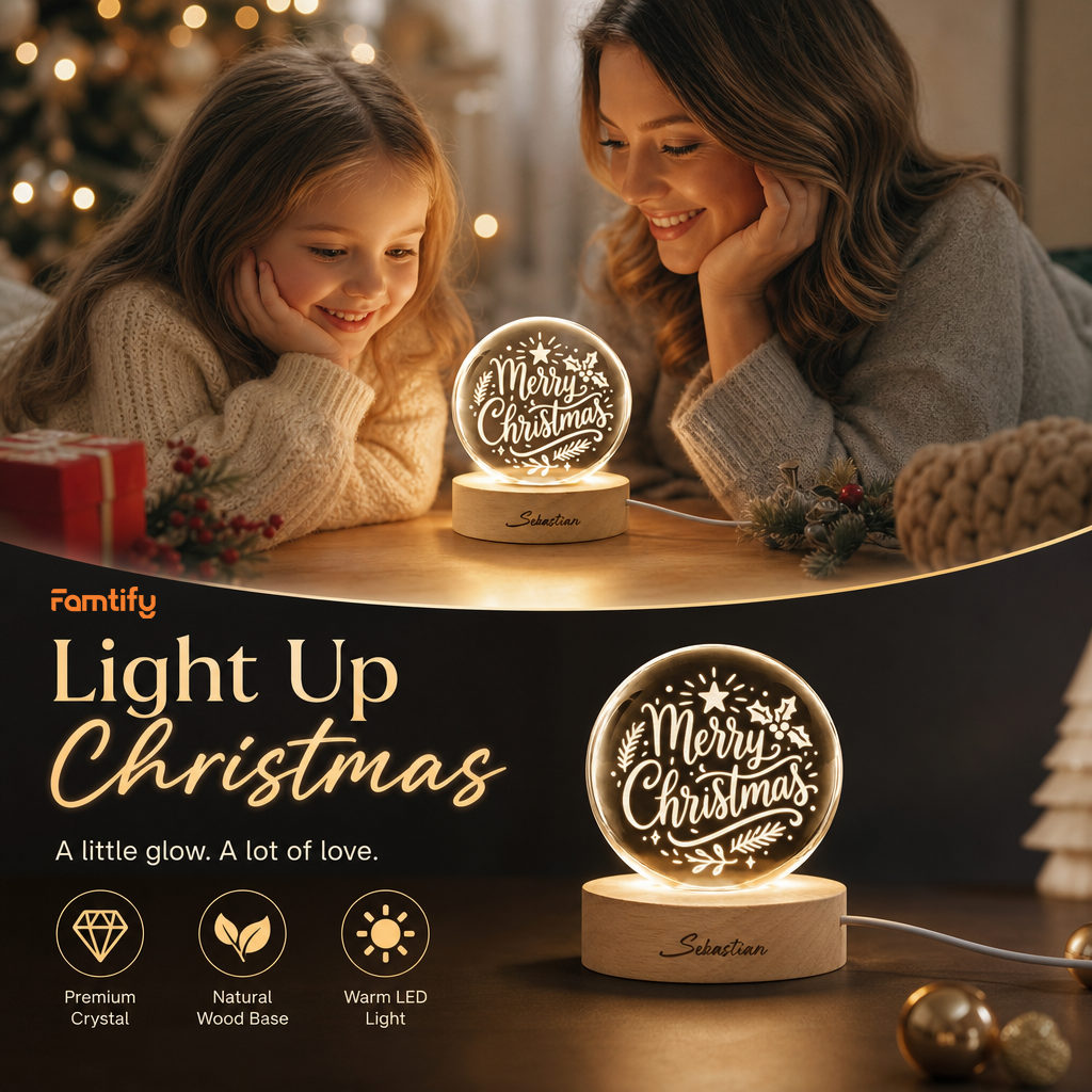 Custom Merry Christmas Calligraphy 3D Laser Engraved Crystal Ball with LED Wooden Standee, Personalized Name Holiday Night Light Keepsake