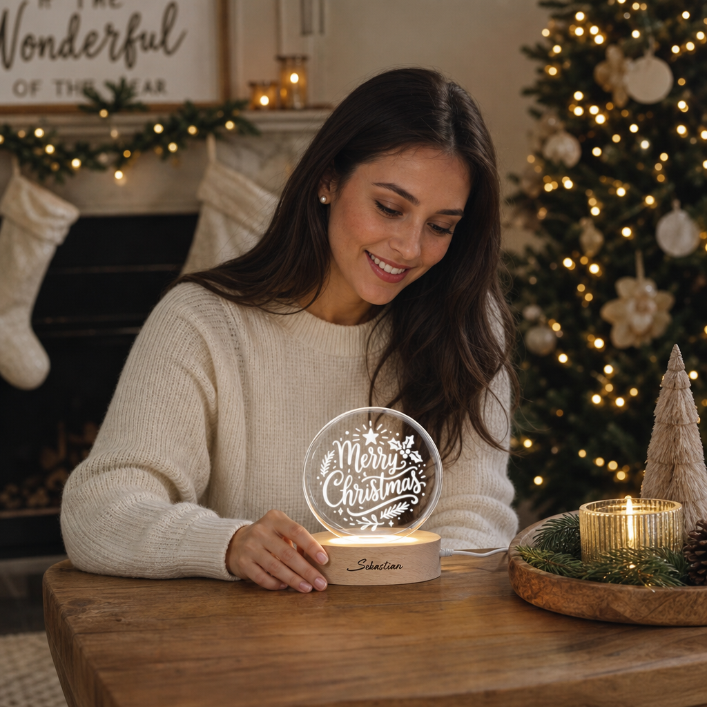 Custom Merry Christmas Calligraphy 3D Laser Engraved Crystal Ball with LED Wooden Standee, Personalized Name Holiday Night Light Keepsake