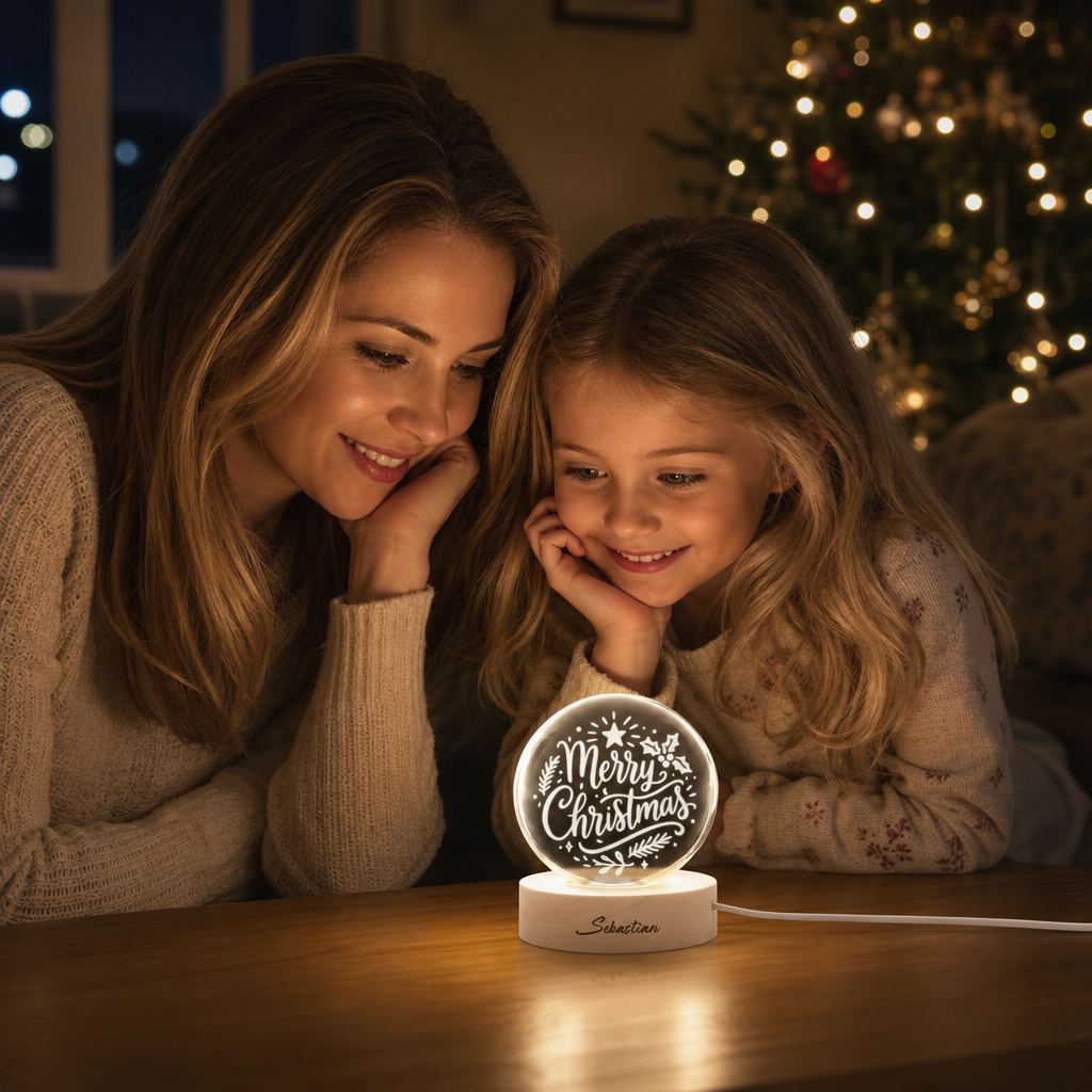 Custom Merry Christmas Calligraphy 3D Laser Engraved Crystal Ball with LED Wooden Standee, Personalized Name Holiday Night Light Keepsake