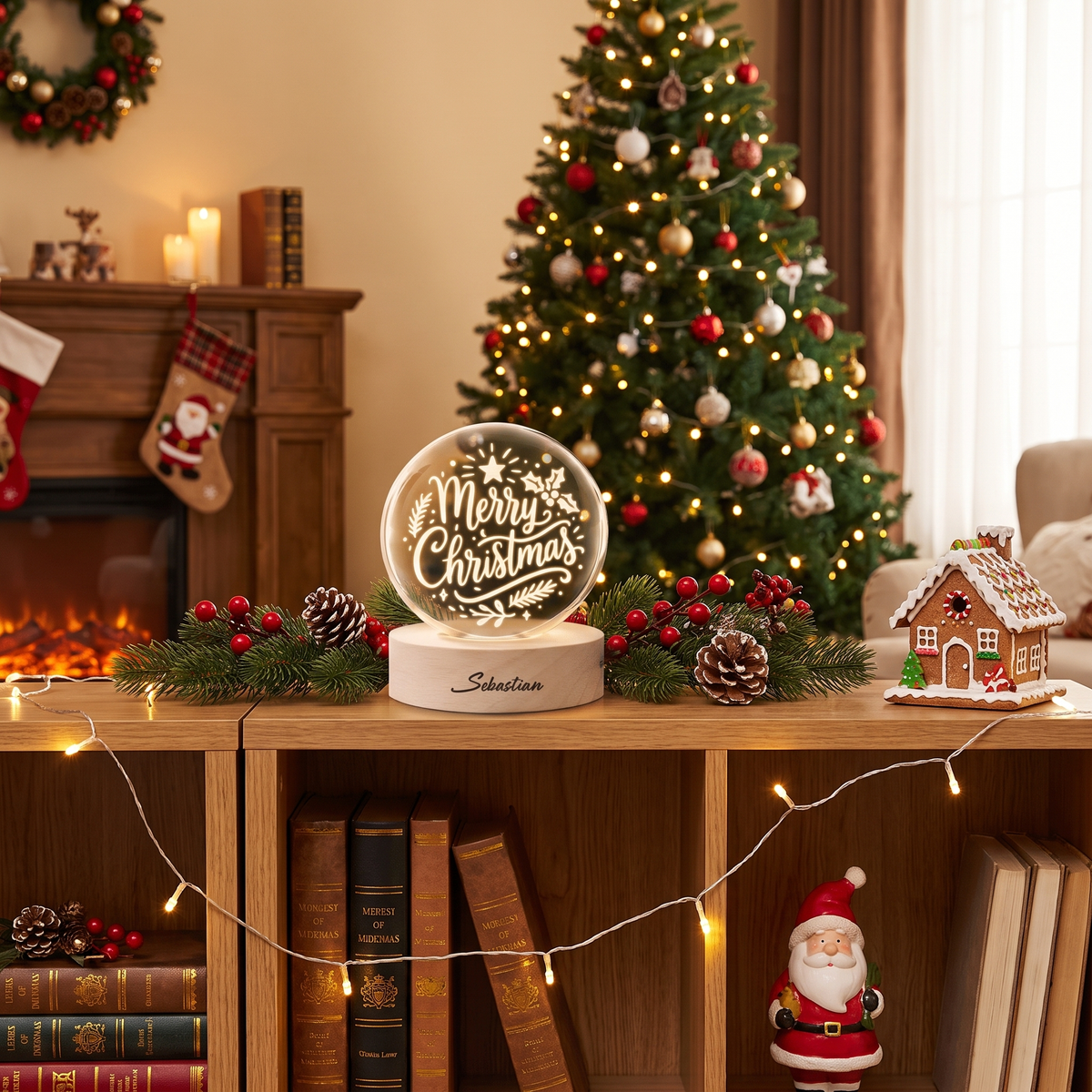 Custom Merry Christmas Calligraphy 3D Laser Engraved Crystal Ball with LED Wooden Standee, Personalized Name Holiday Night Light Keepsake