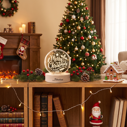 Custom Merry Christmas Calligraphy 3D Laser Engraved Crystal Ball with LED Wooden Standee, Personalized Name Holiday Night Light Keepsake