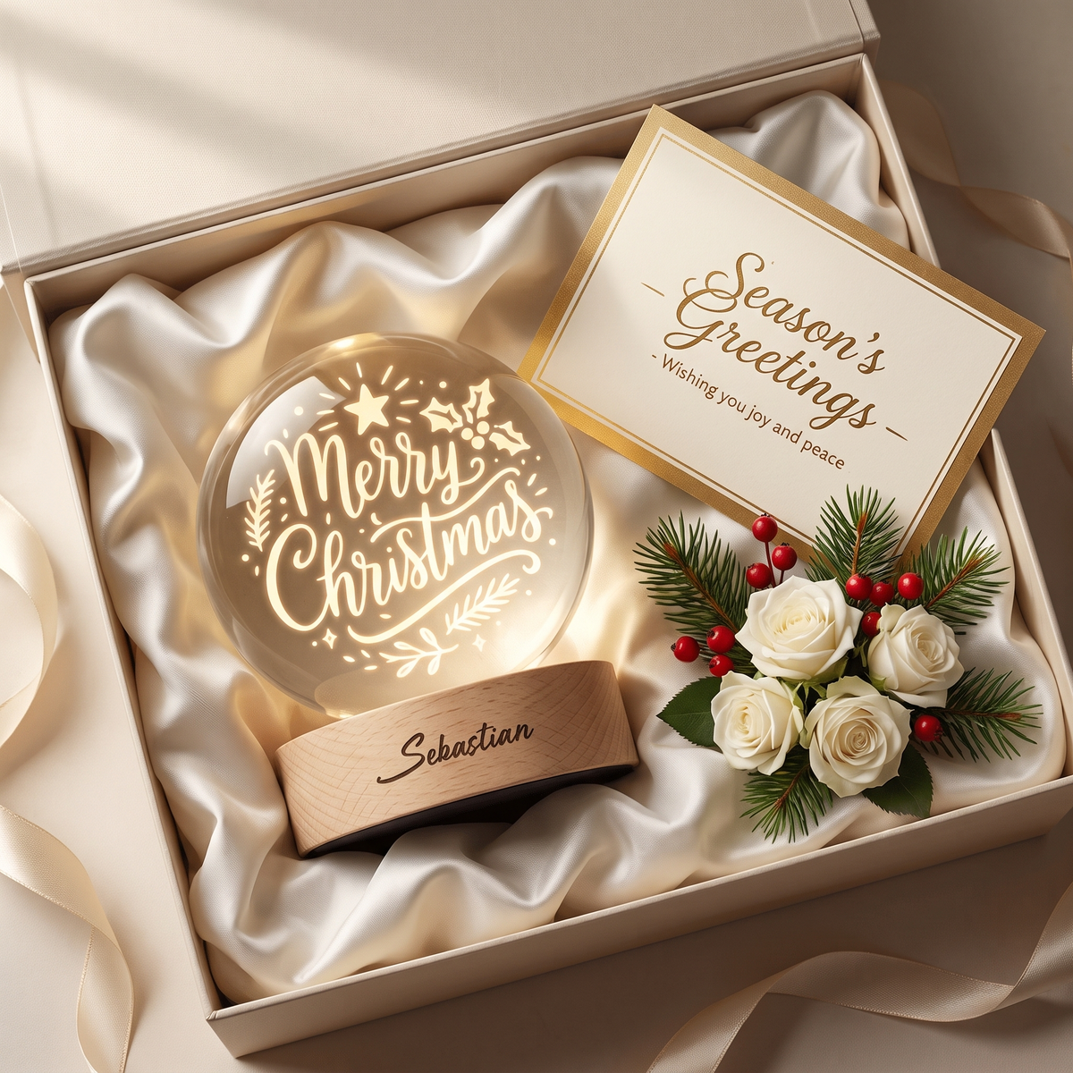 Custom Merry Christmas Calligraphy 3D Laser Engraved Crystal Ball with LED Wooden Standee, Personalized Name Holiday Night Light Keepsake