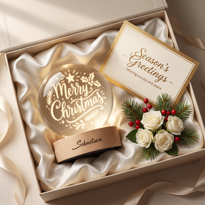 Custom Merry Christmas Calligraphy 3D Laser Engraved Crystal Ball with LED Wooden Standee, Personalized Name Holiday Night Light Keepsake