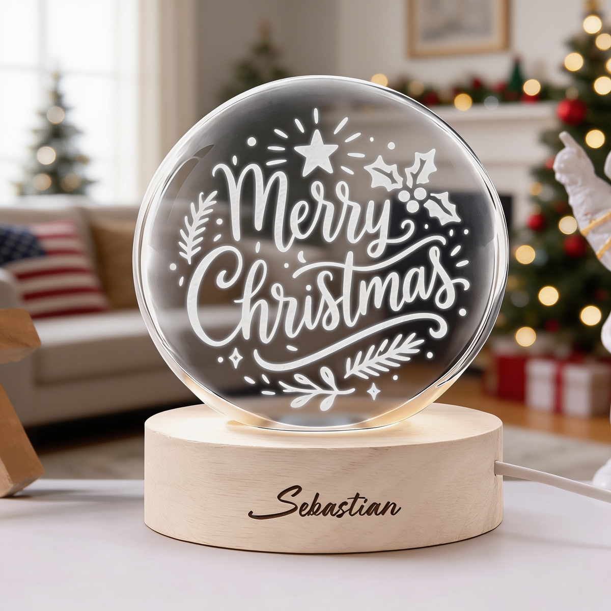 Custom Merry Christmas Calligraphy 3D Laser Engraved Crystal Ball with LED Wooden Standee, Personalized Name Holiday Night Light Keepsake