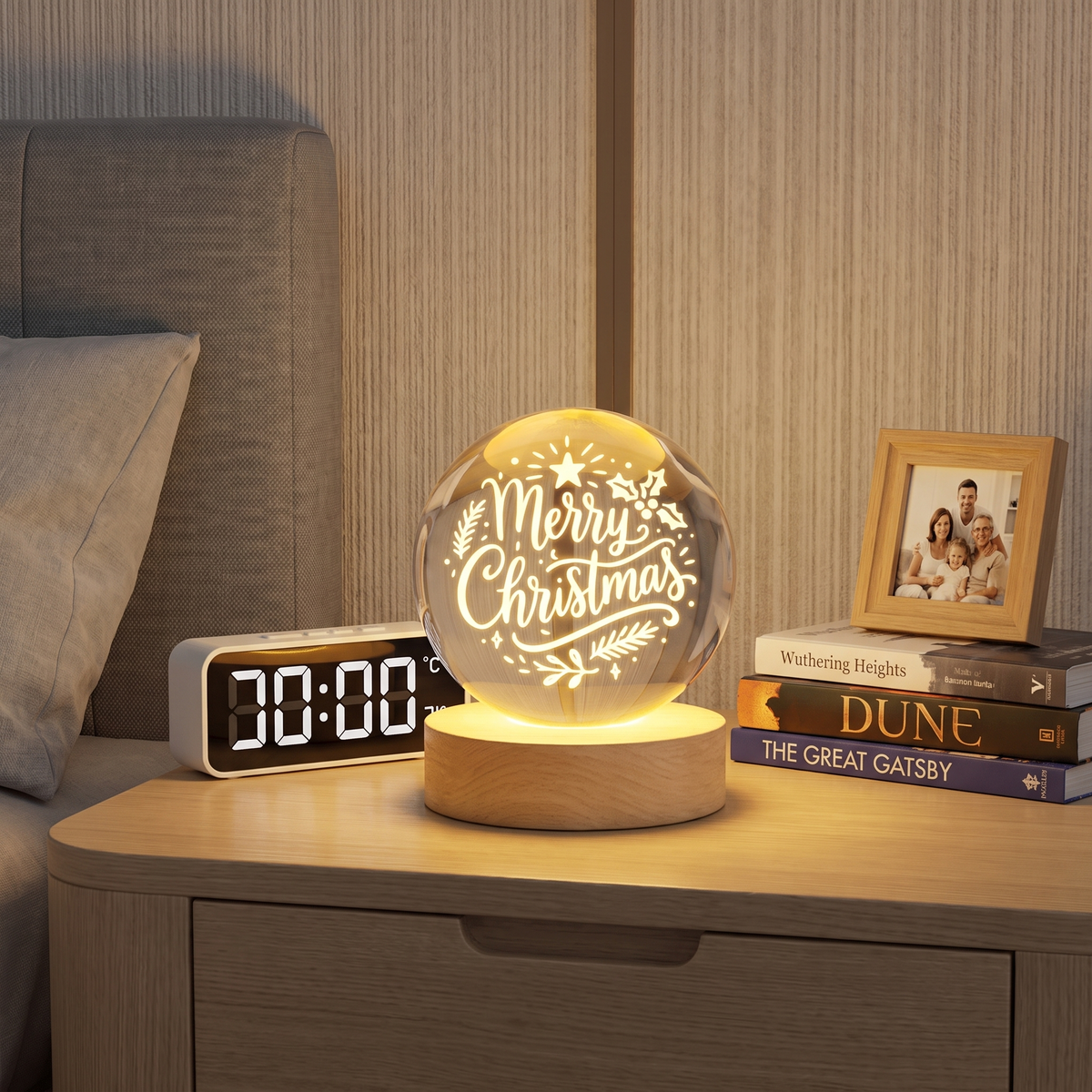 Custom Merry Christmas Calligraphy 3D Laser Engraved Crystal Ball with LED Wooden Standee, Personalized Name Holiday Night Light Keepsake