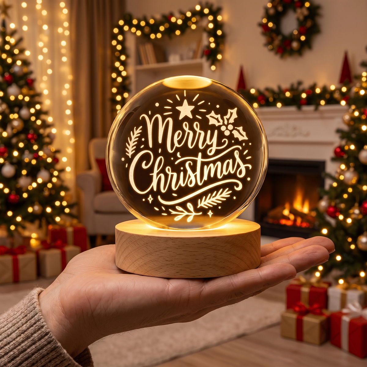 Custom Merry Christmas Calligraphy 3D Laser Engraved Crystal Ball with LED Wooden Standee, Personalized Name Holiday Night Light Keepsake
