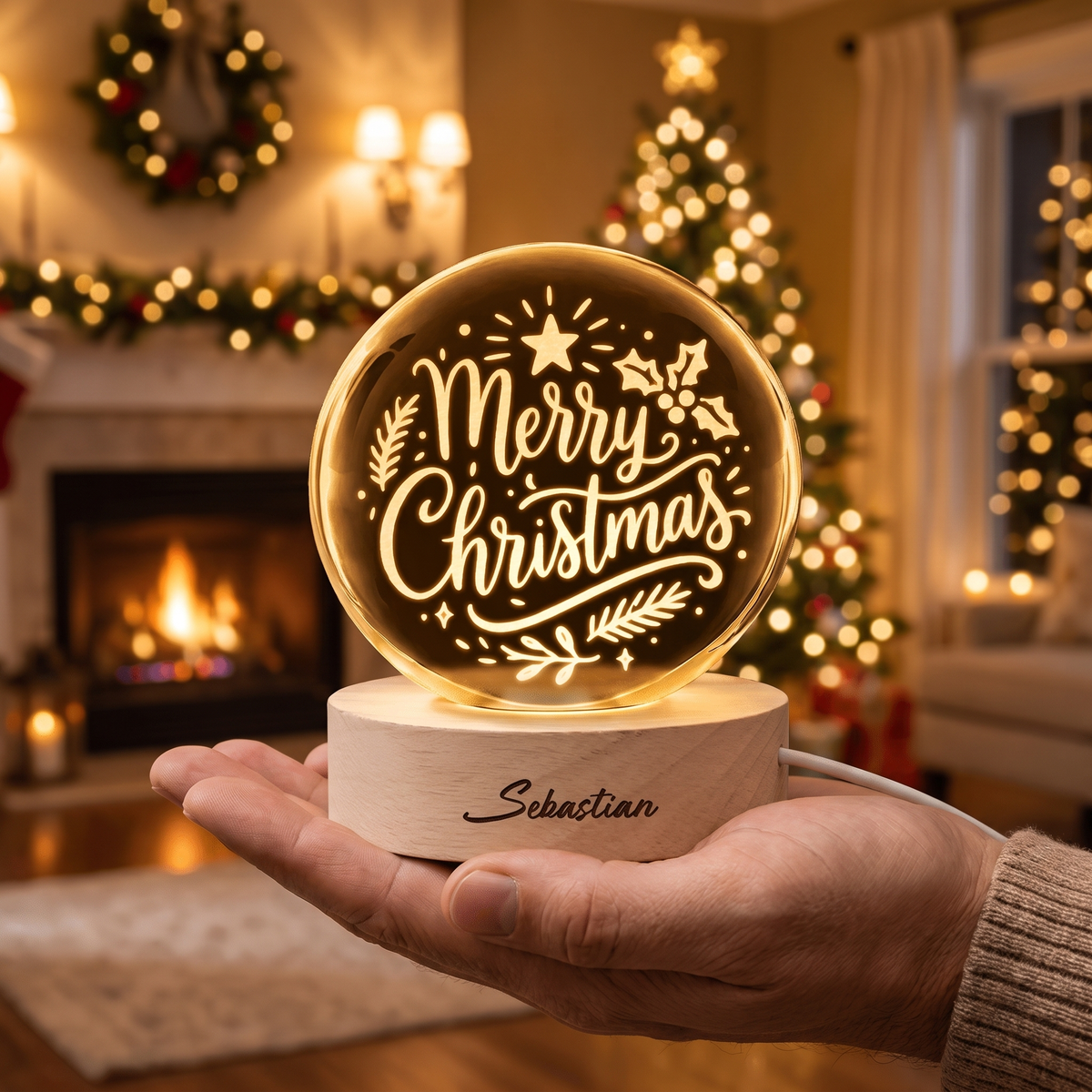 Custom Merry Christmas Calligraphy 3D Laser Engraved Crystal Ball with LED Wooden Standee, Personalized Name Holiday Night Light Keepsake