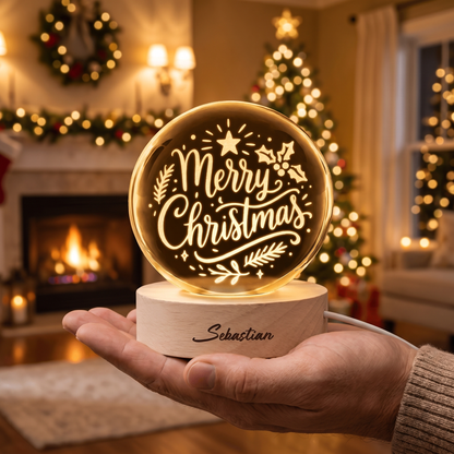 Custom Merry Christmas Calligraphy 3D Laser Engraved Crystal Ball with LED Wooden Standee, Personalized Name Holiday Night Light Keepsake