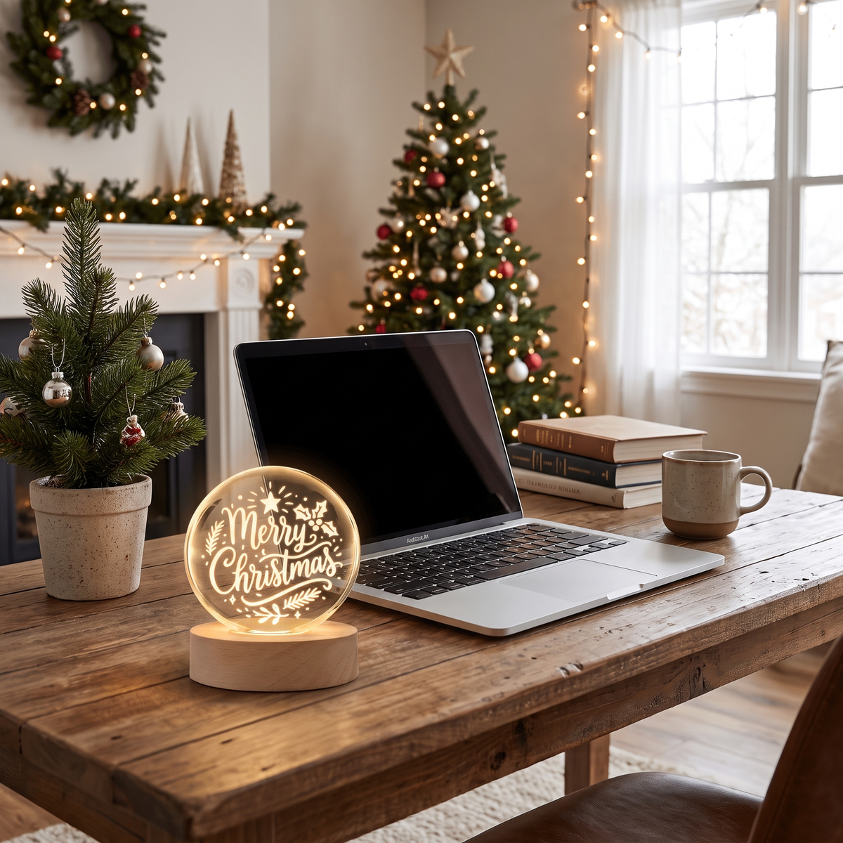 Custom Merry Christmas Calligraphy 3D Laser Engraved Crystal Ball with LED Wooden Standee, Personalized Name Holiday Night Light Keepsake