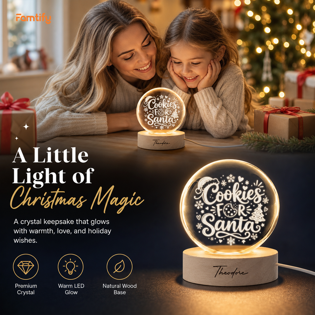 Custom Cookies For Santa Christmas Tree 3D Laser Engraved Crystal Ball with LED Wooden Standee, Personalized Name Holiday Night Light Keepsake