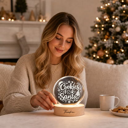 Custom Cookies For Santa Christmas Tree 3D Laser Engraved Crystal Ball with LED Wooden Standee, Personalized Name Holiday Night Light Keepsake