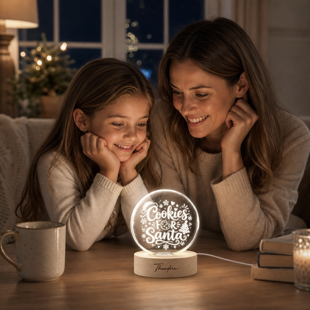 Custom Cookies For Santa Christmas Tree 3D Laser Engraved Crystal Ball with LED Wooden Standee, Personalized Name Holiday Night Light Keepsake