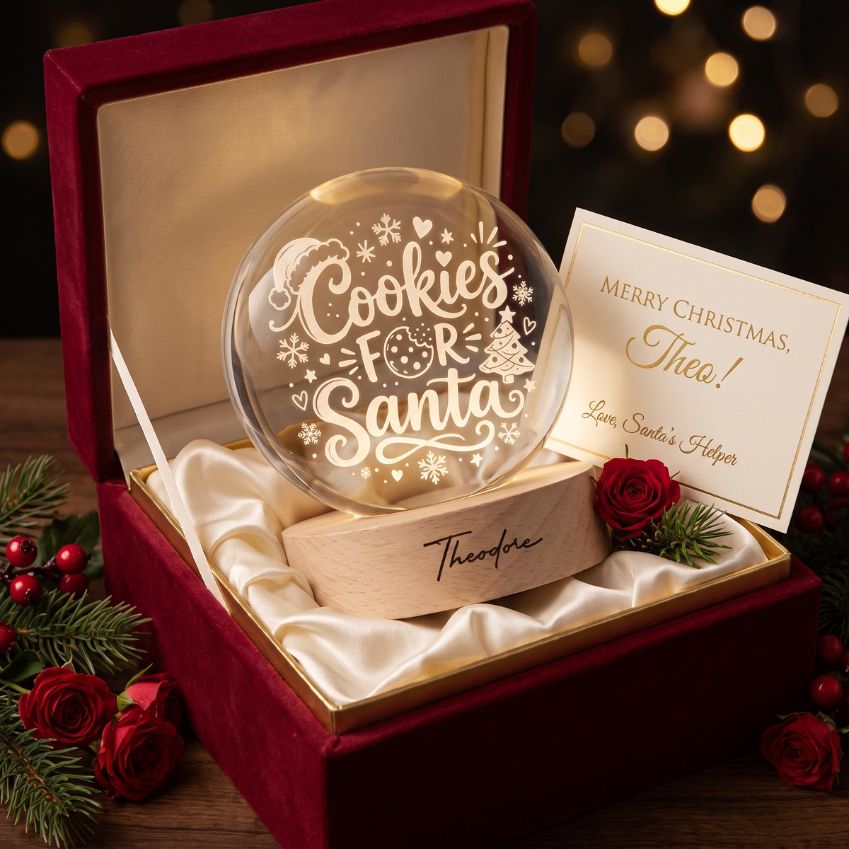Custom Cookies For Santa Christmas Tree 3D Laser Engraved Crystal Ball with LED Wooden Standee, Personalized Name Holiday Night Light Keepsake