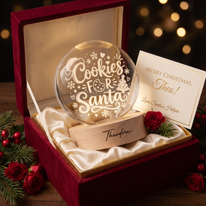 Custom Cookies For Santa Christmas Tree 3D Laser Engraved Crystal Ball with LED Wooden Standee, Personalized Name Holiday Night Light Keepsake